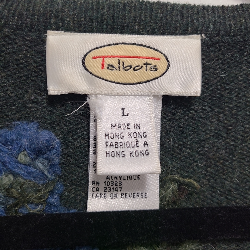 Talbots Floral Embroidered Lambswool Blend Vintage‎ Green Cardigan Large - Picture 4 of 16